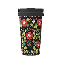 Ukrainian Embroidery Style Rose Print Thermal Coffee Tumbler Stainless Steel Reusable Coffee Mug,Gift For Men Women