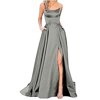 Women Slit Floor Length Bridesmaid Gowns Cross Spaghetti Strap Backless Satin Pleated Prom Formal Dress with Pockets