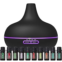 Ultimate Aromatherapy Diffuser & Essential Oil Set - Ultrasonic Diffuser & Top 10 Essential Oils - Modern Diffuser with 4 Timer & 7 Ambient Light Settings - Therapeutic Essential Oils - Matte Black