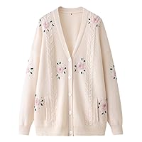 Women Sweater Cashmere Floral Embroidery Cable Knitting Cardigan V Neck Long Sleeve White Coat One Size 1758