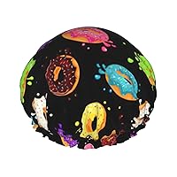 Donut Print Double Layer Waterproof Shower Cap, Suitable For All Hair Lengths (10.6 X 4.3 Inches)