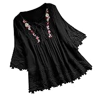 Boho Tops for Women, 2024 Long Sleeve Tie Front Lace Splicing Flowy Women's Workout and Blouses, S XXXL