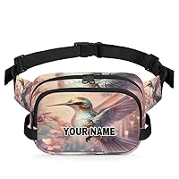 Personalized Fanny Pack for Men Women, Personalized Custom Name Travel Square Waist Bag Pack, Customized Crossbody Chest Belt Bum Sling Bag Shoulder Bag Purse, Hummingbird Butterfly Flowers