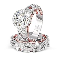 4 Carat Openwork Ring Sets for Women 925 Sterling Silver Wedding Sets Rose Gold Round Cut Halo Engagement Ring White Diamond band CZ Solitaire Anniversary Promise Rings