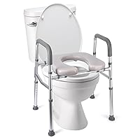 Raised Toilet Seat, 350LB Stand Alone Homecare Commode Bathroom Assist Frame for Elderly, Handicapped, Disabled, Adjustable Height, Padded Seat