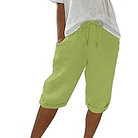 Cotton Linen Shorts for Women Knee Length Bermuda Shorts Drawstring Elastic Waist Summer Casual Gym Shorts with Pockets