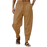 Men's Cotton Linen Pants 2024 Solid Color Harem Pants Casual Capri Pants/Trousers Lightweight Loose Beach Summer Pant