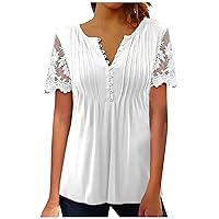 Color Block Tunic Tops for Women Floral Print Crewneck Casual Blouse Buttons Pleated Short Sleeve Loose Pullover Shirt
