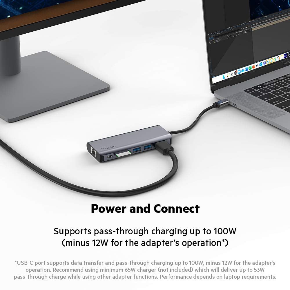 Belkin USB C Hub, 6-in-1 MultiPort Adapter Dock with 4K HDMI, USB-C 100W PD Pass-Through Charging, 2 x USB A, Gigabit Ethernet Ports and SD Slot for MacBook Pro, Air, iPad Pro, XPS and More
