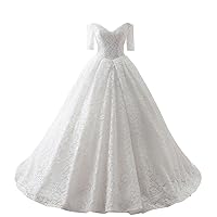 Women's Floor Length Long Lace Pleated Ball Gown Wedding Dress with Half Sleeves