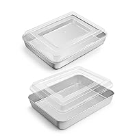 Small Baking Pan with Lid, 9.4”x 7” x 2” Stainless Steel Rectangle Sheet Cake Pans for Toaster Oven, Metal Covered Bakeware for Cakes Brownies Casseroles, Non-toxic & Dishwasher Safe - Set of 2