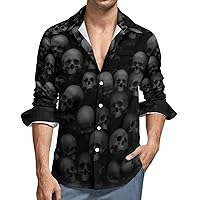 Black Skull Head Men's Loose Fit Long Sleeve Shirt Button-Up Casual Shirts