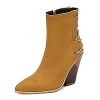 Suede Women Ankle Booties Metal Chain Zipper Pointed Toe Stacked Heel Elegant Comfortable Cute Boots