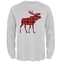 Autumn Plaid Moose Mens Long Sleeve T Shirt Light Heather Grey SM