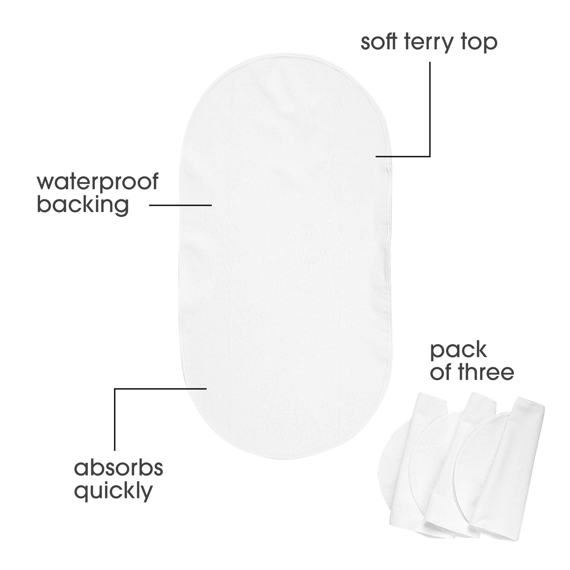 Boppy Changing Pad Liners, Pack of 3, White, Soft Terrycloth with Waterproof Backing Makes Wiggly Diaper Changes Easier and Comfy, For Quicker Cleanup of Changing Pads, Machine Washable and Dryable