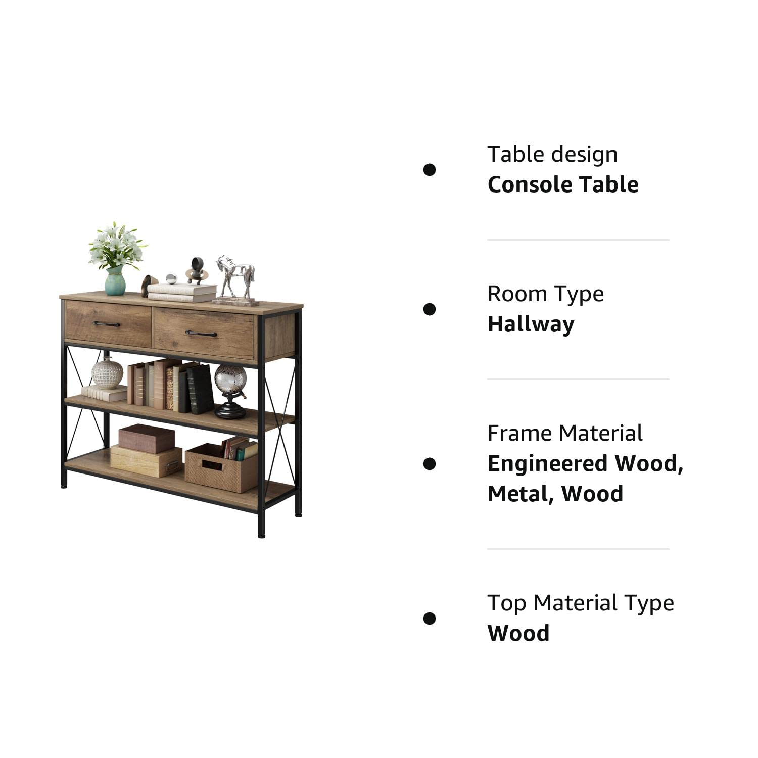 URKNO Console Table with Drawers, Rustic Hallway Table with Storage Shelves, Narrow Long Sofa Entryway Table for Living Room, Metal Frame, Rustic Brown