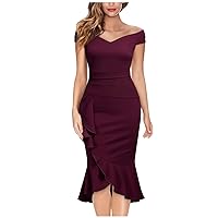 Dresses for Women 2024 Off Shoulder V-Neck Ruffle Pleat Waist Slit Dress