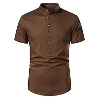 Men's Cotton Linen Henley Shirt Short Sleeve Casual Beach T Shirts Solid Color Button Down Hippie Shirts Yoga Blouse
