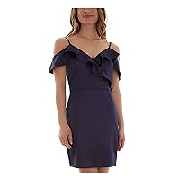 Womens Navy Stretch Zippered Asymmetrical Ruffle Short Sleeve Off Shoulder Above The Knee Party Body Con Dress Plus 15