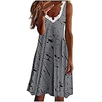 Midi Dress for Women Eyelash Lace Trim V Neck Summer Casual Dress Striped Geometric Print Color Block Sleeveless Tank Dress