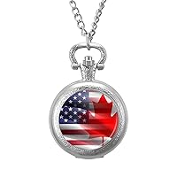 USA and Canada Flag Classic Quartz Pocket Watch with Chain Arabic Numerals Scale Watch
