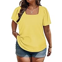 VISLILY Womens-Plus-Size-Tops Summer Puff Short Sleeve T Shirts Square Neck Tees Loose Fashion Tunics XL-5XL