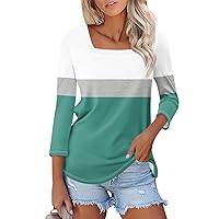 3/4 Sleeve Tops for Women Color Block Square Neck Plus Sized Blouse 2024 Fashion Loose Fit Ladies Tshirts