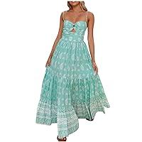 Womens 2024 Fashion Long Summer Dress Spaghetti Strap Dresses Casual Smocked Tiered Modest Beach Flowy Boho Maxi Dress