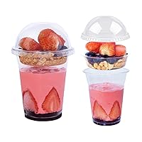 50 Sets 12 oz Clear Plastic Cups with Insert & Dome Lids(NO HOLE) - Disposable Parfait Cups with Lids for Fruit Yogurt Smoothie Iced Cold Drinks Dips and Veggies, No Leaking