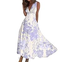 Midi Dresses for Women Summer Beach 2024 Vacation Long Summer Sleeveless V-Neck Waist Retraction Printed Dress