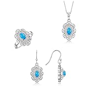 Rylos Matching Jewelry Set 14K White Gold Floral Pattern Halo Pendant Necklace, Earrings & Matching Ring. Gemstone & Diamonds, 18