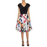 EFOFEI Womens Casual Swing Dress Floral Printed Dress Short Sleeve Wrap V Neck A Line Midi Dress