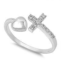 Round Cut D/VVS1 Diamond 14K White Gold Plated Open Adjustable Cross and Heart Charm Finger Wedding Ring for Women's Girl's 925 Sterling Silver