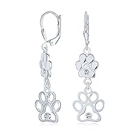 BFF Cut Out Open Animal Lover Pet Dog Cat Paw Print Dangle Stud Earrings For Women Puppy Cubic Zirconia .925 Sterling Silver Lever back Push Back