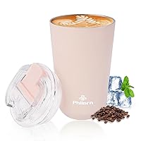 PHILORN Pink Coffee Tumbler - 12 OZ Insulated Coffee Mug with Lid, Leak Proof Thermo Cup for Hot and Iced Drinks, Stainless Steel Vacuum Pink Cup with Double Wall