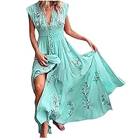 Women Bohemian Beach Dress Summer Floral Print Sundresses Cap Sleeve Deep V Neck Casual Smocked Waist Flowy Maxi Dress