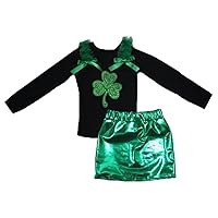 Petitebella Sequins Clover Black L/s Shirt Green Bling Skirt Set 1-8y