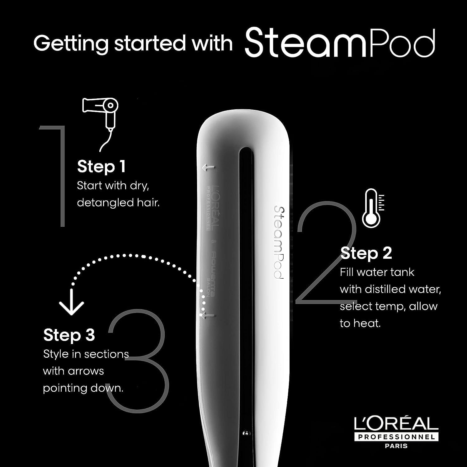 L'Oréal Professionnel Steam Hair Straightener & Styling Tool | Steampod Professional Styler | For All Hair Types and Textures | Smooths and Adds Shine