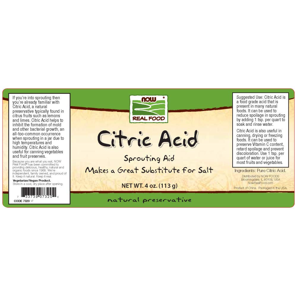 NOW Foods, Citric Acid, Sprouting Aid, Great Substitute for Salt, Preservative Found in Citrus Fruits, 4-Ounce