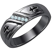Wedding 5-Stone Men's Cross Ring Round Cut Created Aquamarine 14K Black Gold Over .925 Sterling Silver