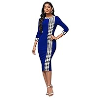 Houndstooth Print Bodycon Dress (Color : Blue, Size : Medium)