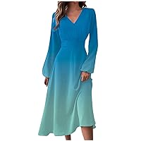 Women's 2024 Spring Dresses Long Sleeve V Neck Summer Casual Loose Plus Crewneck Floral Print Elegant Long Dress