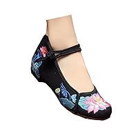 Chinese Embroidery Lotus Oxfords Sole Girls Mary Jane Plarform Shoes Black