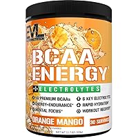 EVL BCAAs Amino Acids Powder - BCAA Energy Pre Workout Powder for Muscle Recovery Lean Growth and Endurance - Rehydrating BCAA Powder Post Workout Recovery Drink with 6 Key Electrolytes - Orange Mango