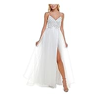 B Darlin Womens White Embellished Zippered Slitted Tulle Spaghetti Strap V Neck Full-Length Fit + Flare Prom Dress Juniors 0