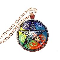 Five Elements Pentagram Necklace, Pentacle Jewelry, Wiccan Pagan Paganism Pendant, Magic Five Pointed Star Amulet, Earth, Air, Spirit, Water, Fire Coexist Religion Medallion Charm