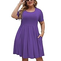 Kancystore Women's Plus Size Pleated Dresses Summer Short Sleeve Loose Swing Dress with Pockets XL-5X