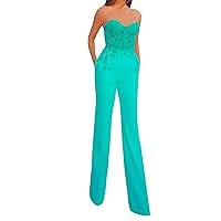 Women's Jumpsuits with Pockets Satin Prom Dresses Lace Beading Party Evening Gowns