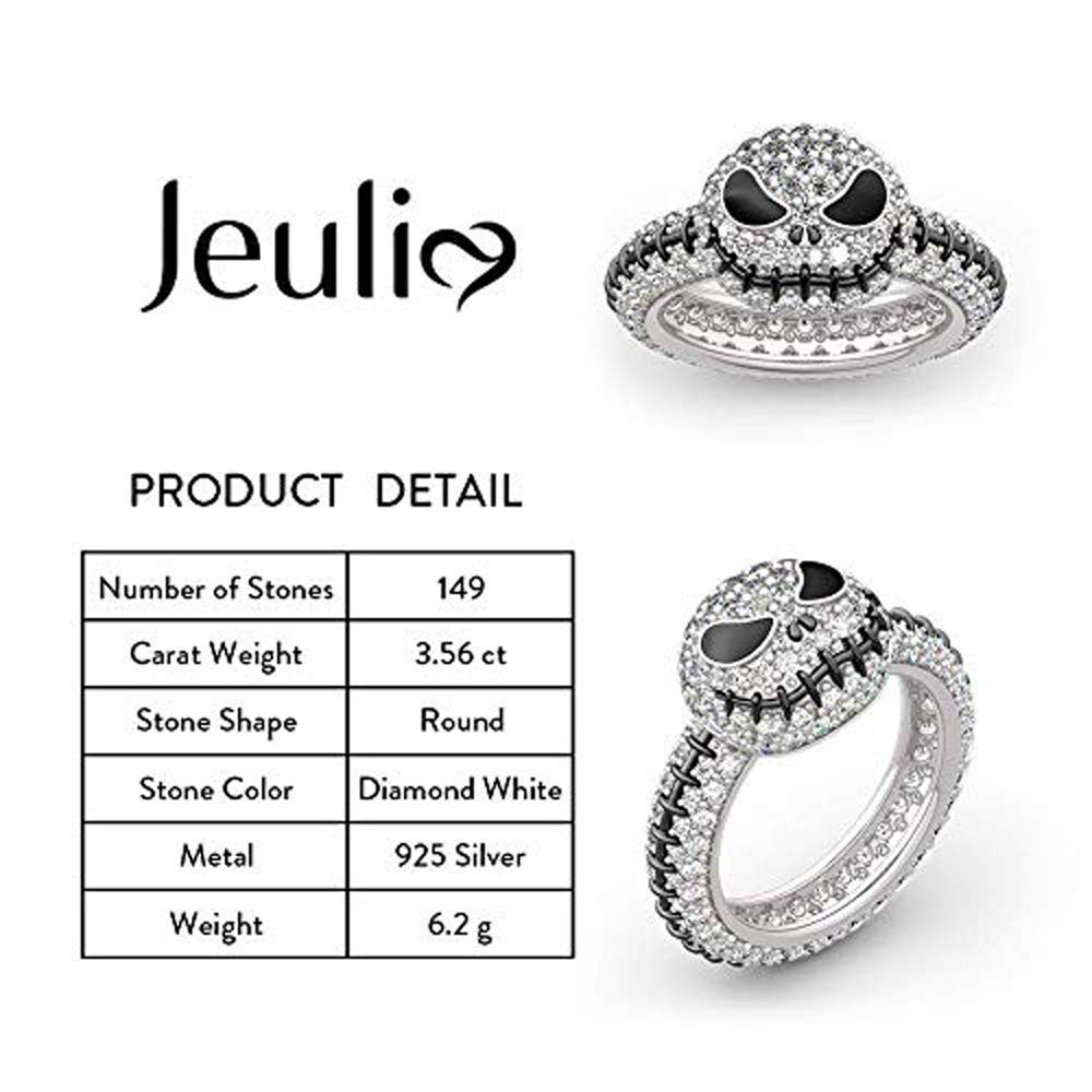 Jeulia Jack Skellington Rings Women Nightmare Before Christmas Skull Rings 925 Sterling Silver Halloween Jewelry Romantic Jewelry Gifts for Her Teen Girls CZ Solitare Engagement Rings Anniversary