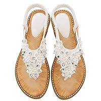 Women's Flat-Sandals Flip-Flop Rhinestone Floral Pearl Summer Beach Thong with Ankle-Strap
